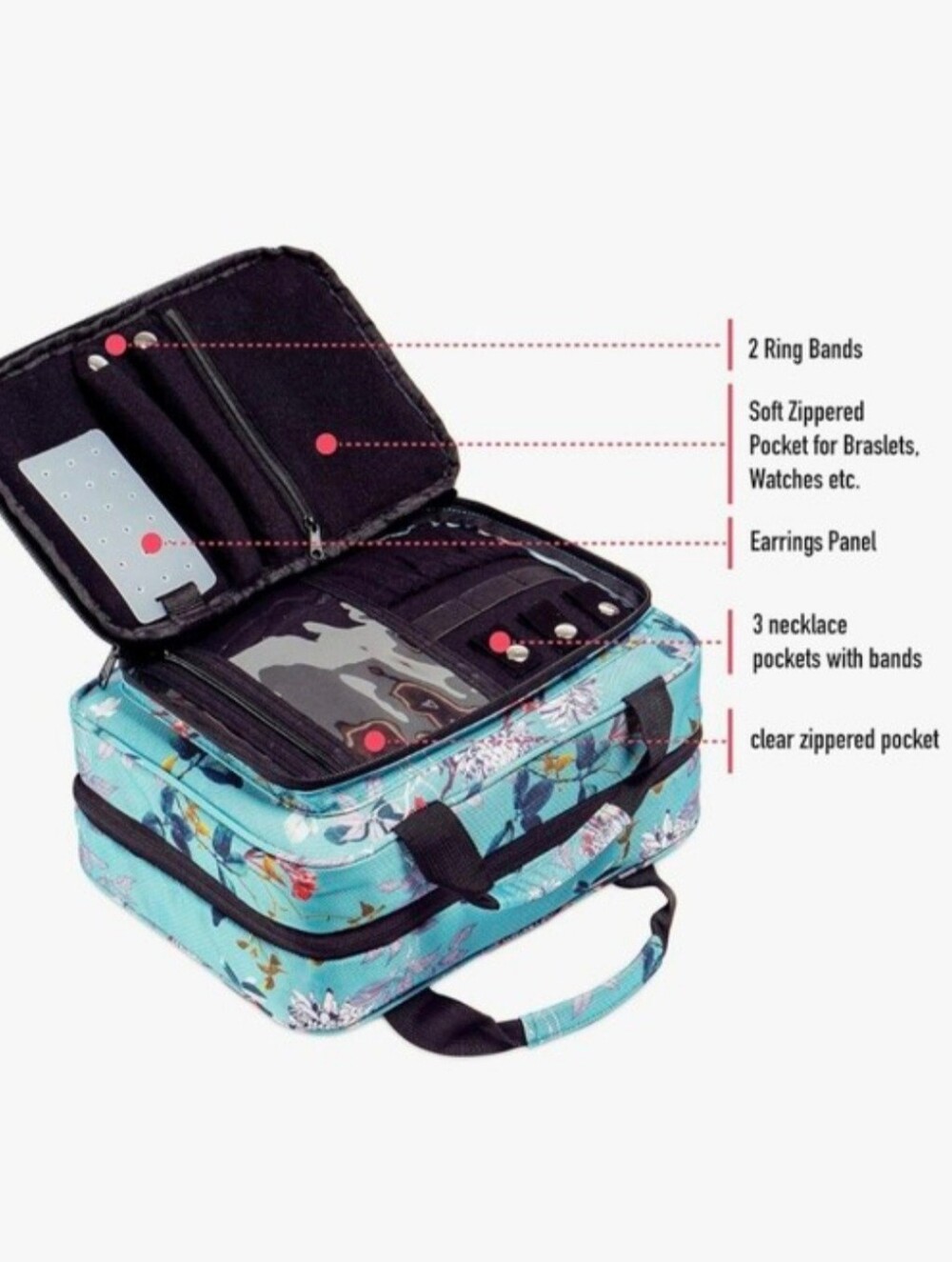Bag&Carry Large Hanging Toiletry Bag Makeup Organizer Turquoise Floral Canvas - Picture 4 of 7